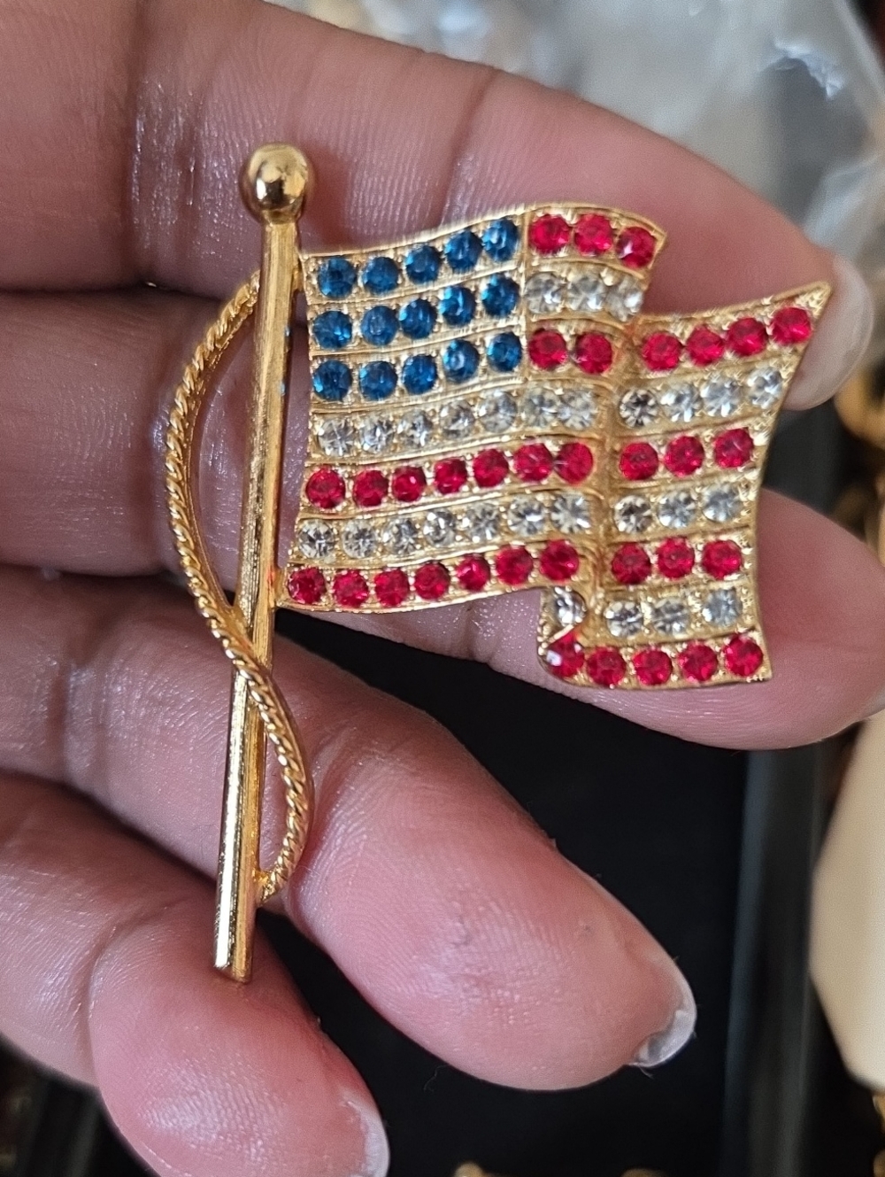 Patriotic Crystal Flag Brooch - Gold, Red, Blue, White